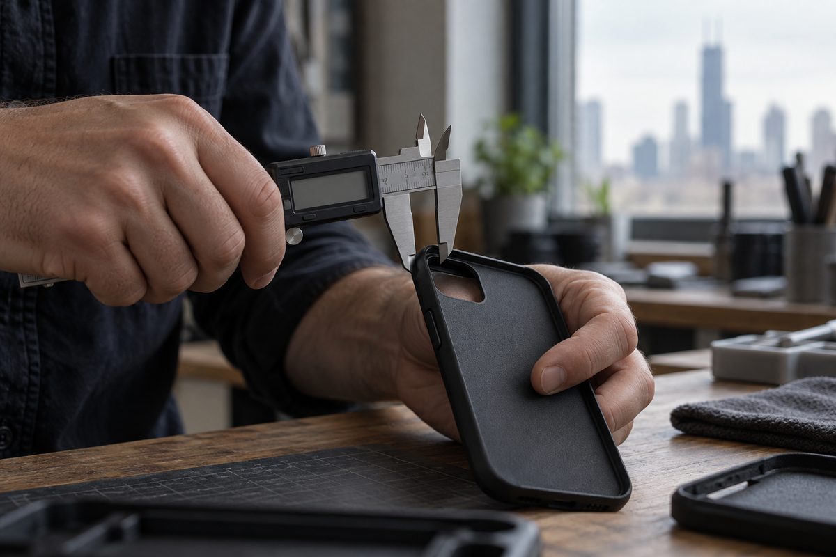 Digital micrometer caliper inspecting protective raised bezel lip thickness