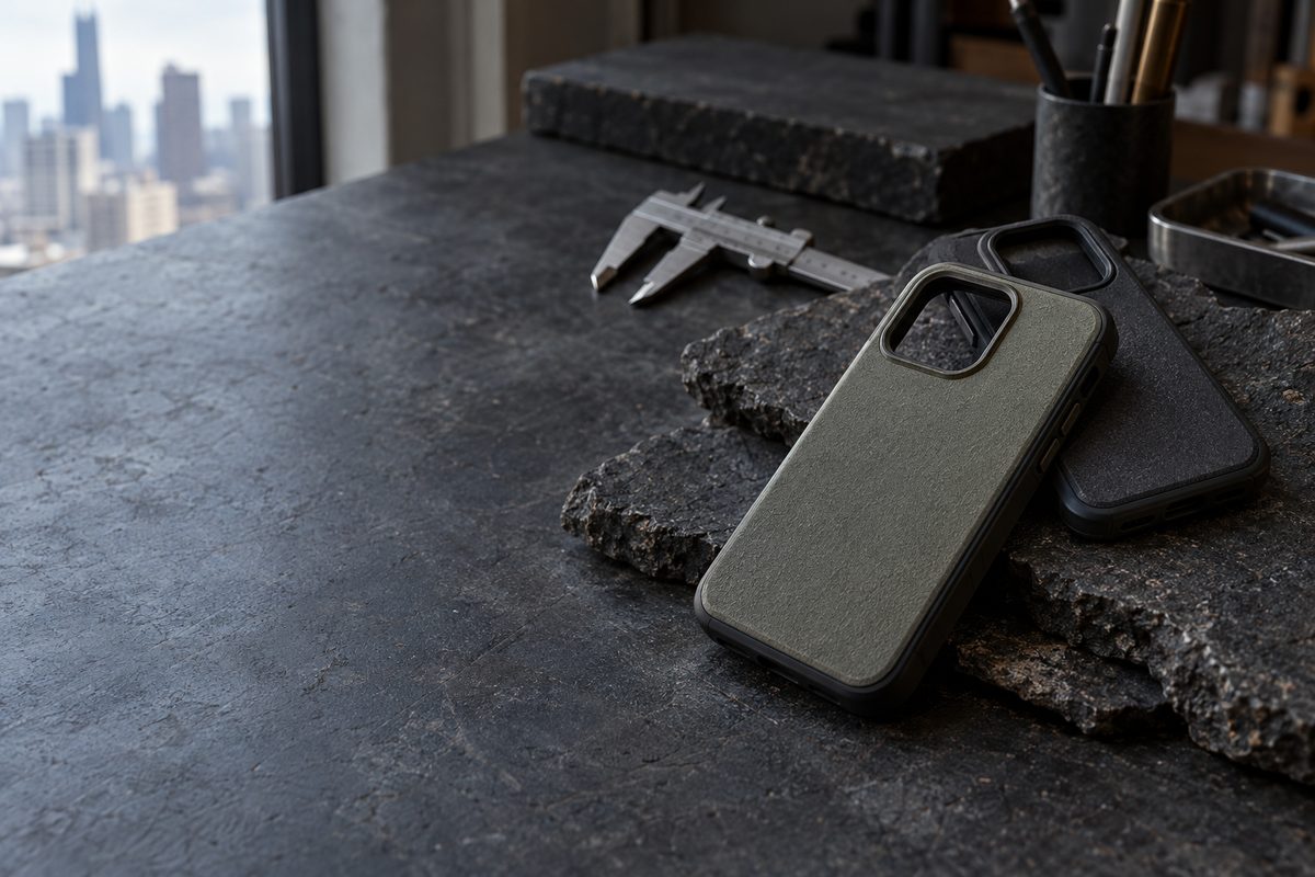 OnlyCases precision protective phone cases on dark inspection stone surface with measuring calipers