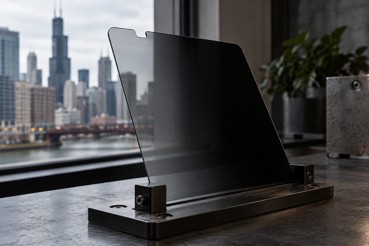 Micro-louver privacy tempered glass screen protector angled on alignment bench